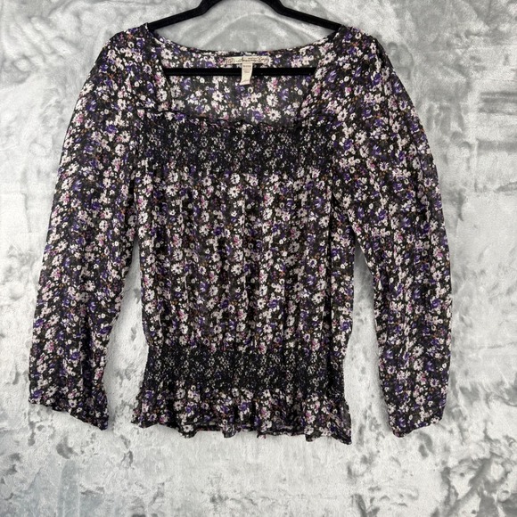 American Rag Tops - American Rag Floral Smocked Blouse Purple White Chiffon Square Neck BOHO Large